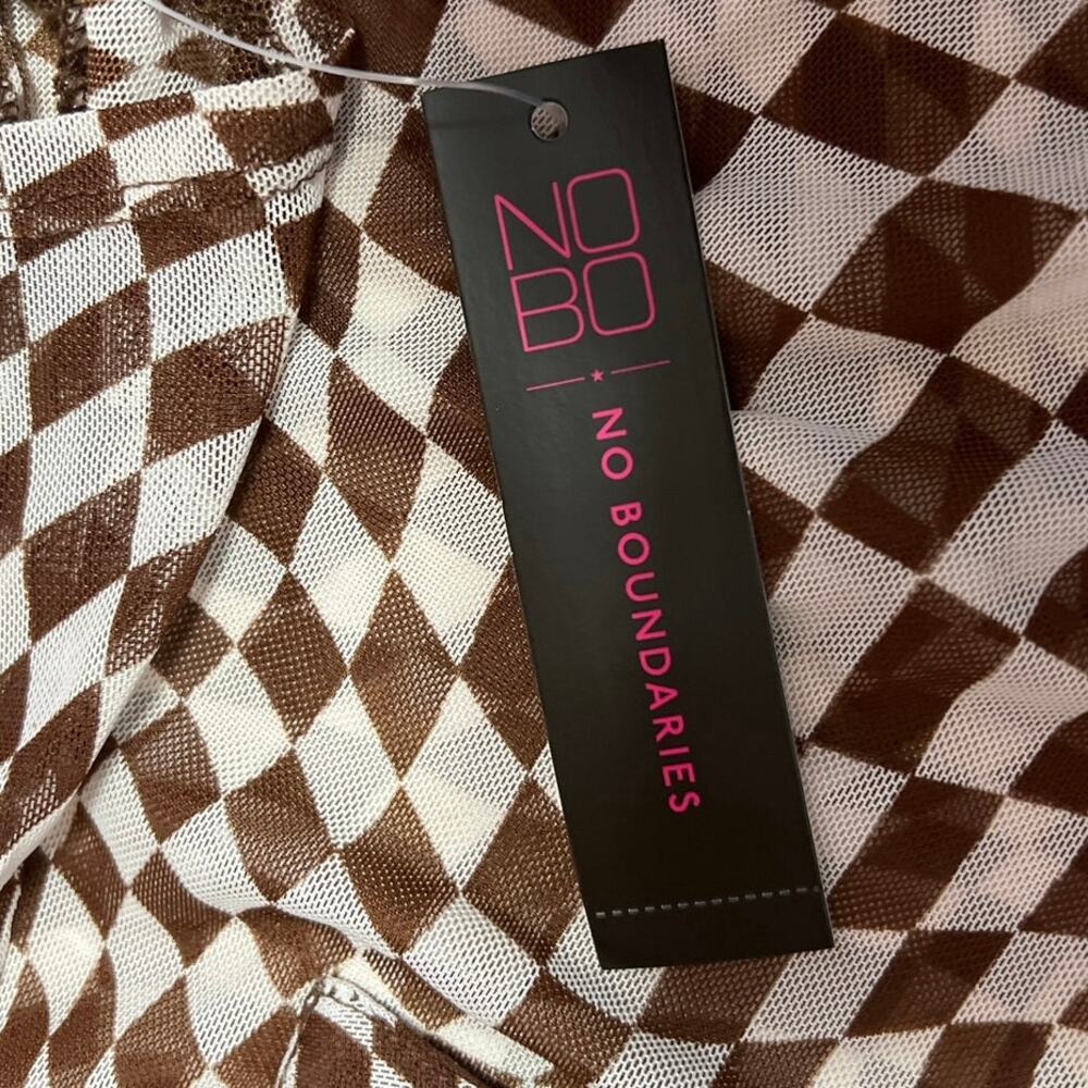 NEW No Boundaries Brown White Gingham Check Illusion Button Down Shirt Top S - Picture 5 of 6